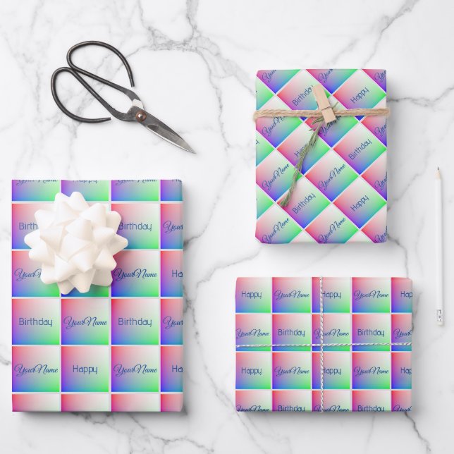Elegant Happy Birthday Rainbow Art Squared Pattern Wrapping Paper Sheets (Front)