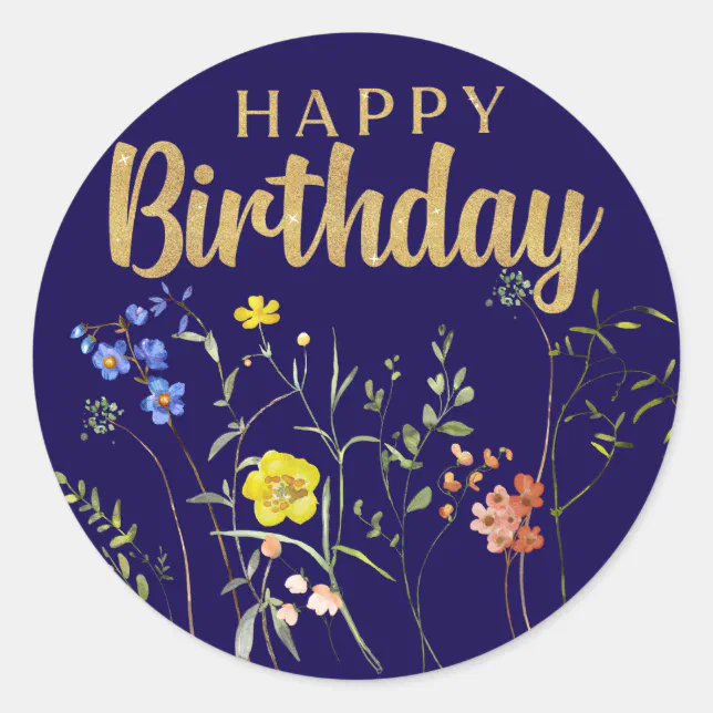 Elegant Happy Birthday Wildflowers Round Sticker | Zazzle