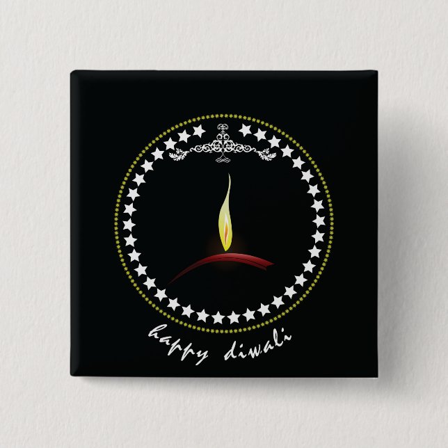 Elegant Happy Diwali Diya Flame Star Wreath Button (Front)