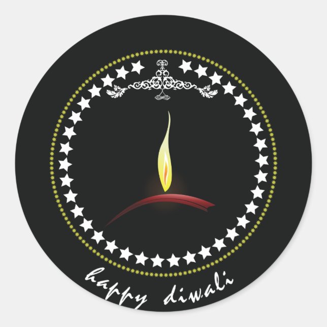 Elegant Happy Diwali Diya Flame Star Wreath Classic Round Sticker (Front)