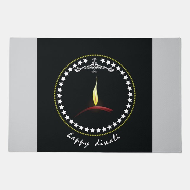 Elegant Happy Diwali Diya Flame Star Wreath Doormat (Front)