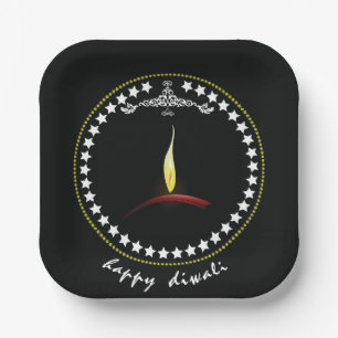 Elegant Happy Diwali Diya Flame Star Wreath Paper Plates