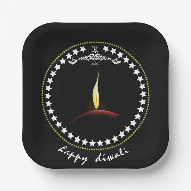 Elegant Happy Diwali Diya Flame Star Wreath Paper Plates (Front)