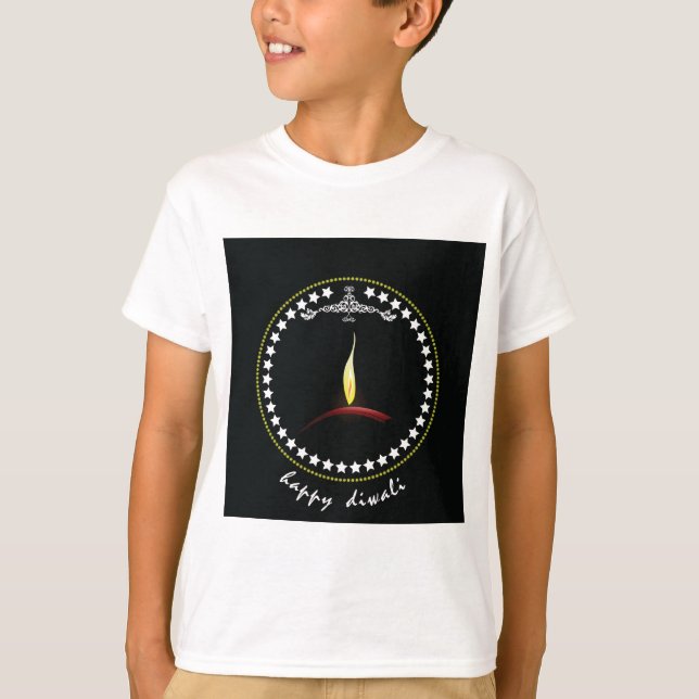 Elegant Happy Diwali Diya Flame Star Wreath T-Shirt (Front)