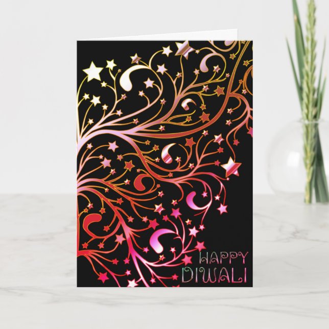 Elegant Happy Diwali Stars Black Gold Pink Card (Front)