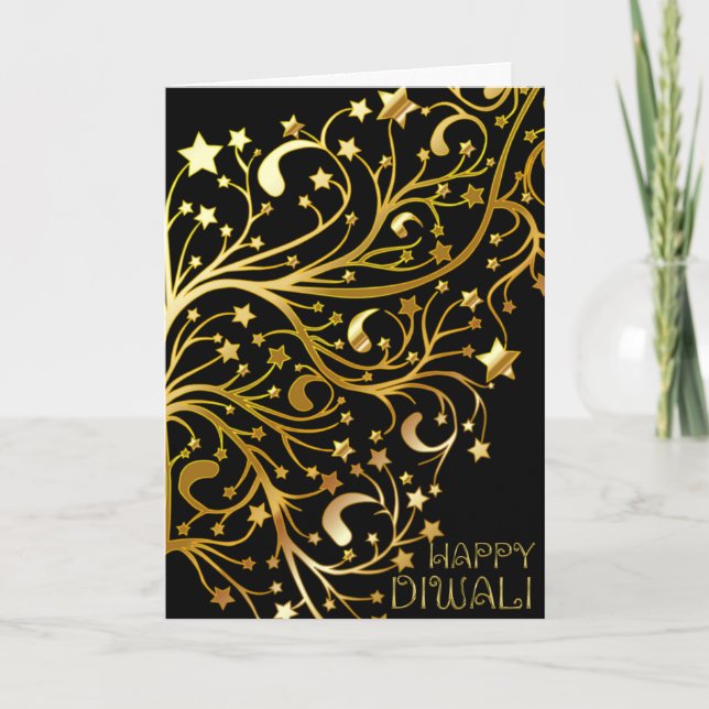 Elegant Happy Diwali Stars Black Gold Shiny Card (Front)