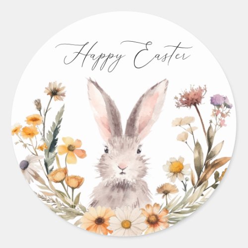 Elegant Happy Easter Bunny Wildflower Floral Classic Round Sticker
