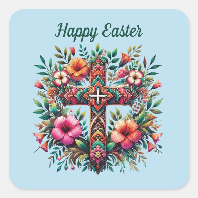 Elegant Happy Easter Cross  Square Sticker (Front)