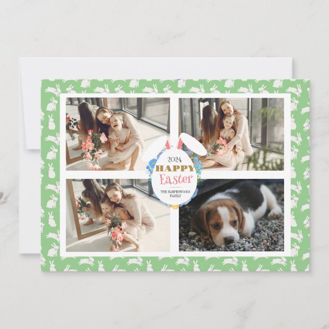 Elegant happy Easter Ears Eggs Family photo Holiday Card (Front)