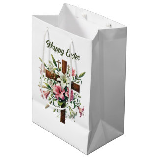 Elegant Happy Easter floral Cross customizable Medium Gift Bag