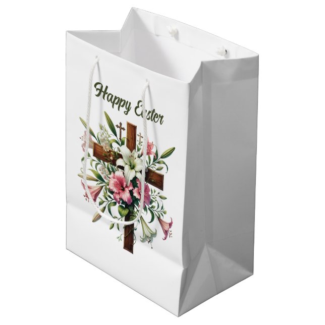 Elegant Happy Easter floral Cross customizable Medium Gift Bag (Front Angled)