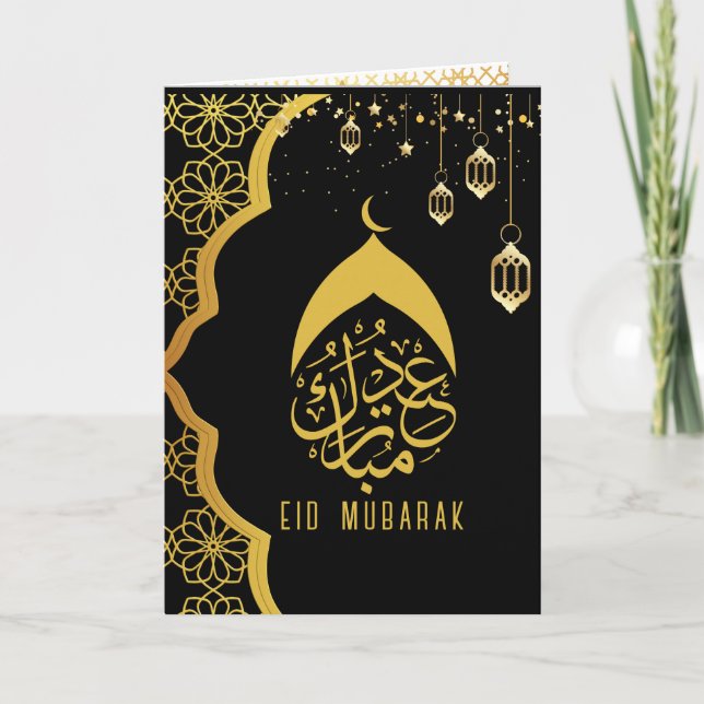 Elegant Happy Eid Mubarak Black Gold Card (Front)