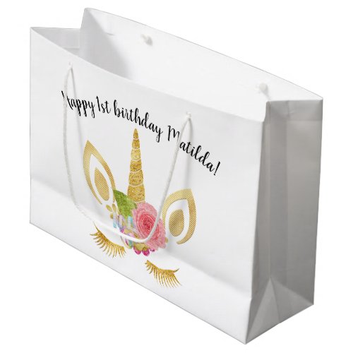 Elegant happy first birthday gold glitter unicorn large gift bag