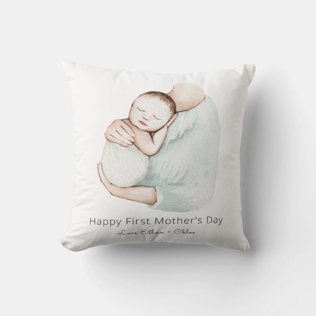 Elegant Happy First Mother's Day Cute Watercolor Throw Pillow (Front)