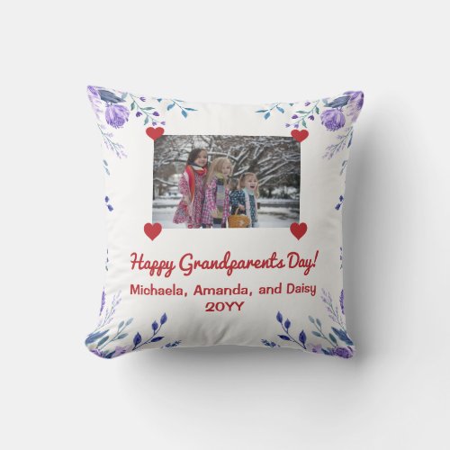 Elegant Happy Grandparents Day Cute Photo Floral  Throw Pillow