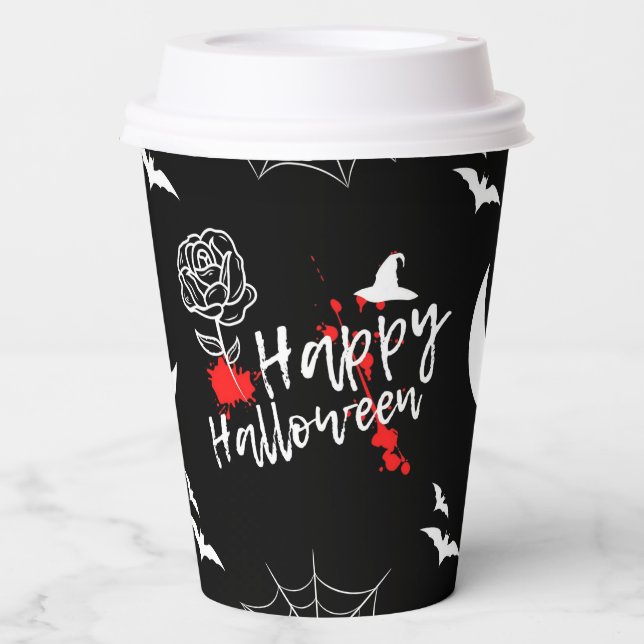 Elegant Happy Halloween Rose & Bats Paper Cups (Front)