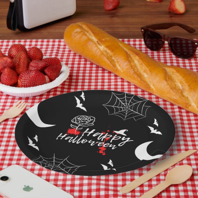 Elegant Happy Halloween Rose & Bats Paper Plates (Picnic)