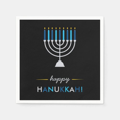 Elegant Happy Hanukkah Black with Silver Menorah Napkins