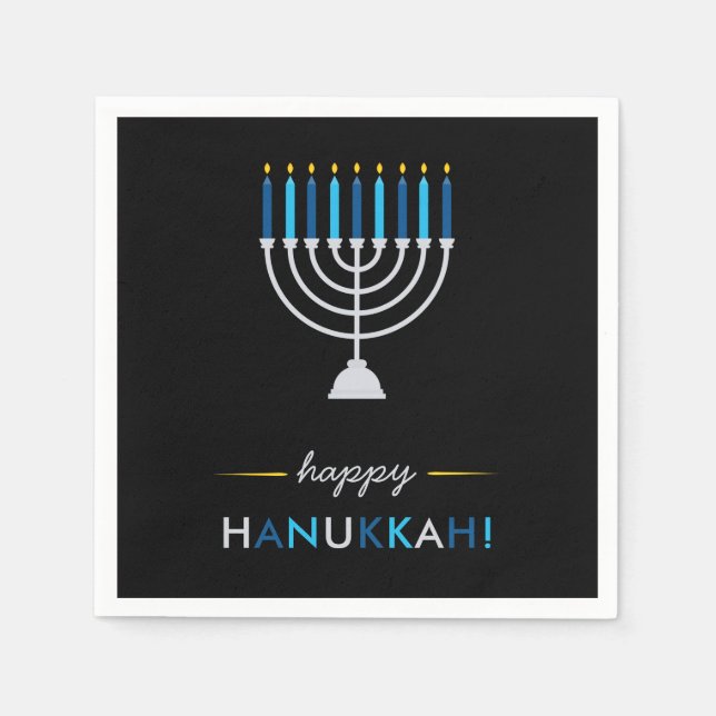 Elegant Happy Hanukkah Black with Silver Menorah Napkins (Front)