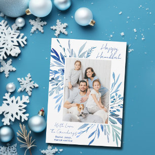 Elegant Happy Hanukkah Blue Botanical Family Photo Holiday Card