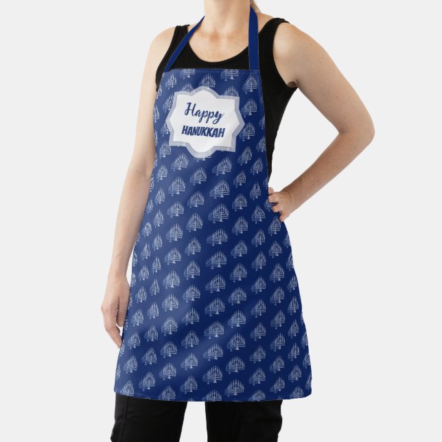 Elegant Happy Hanukkah Blue Menorah Pattern Apron (Insitu)