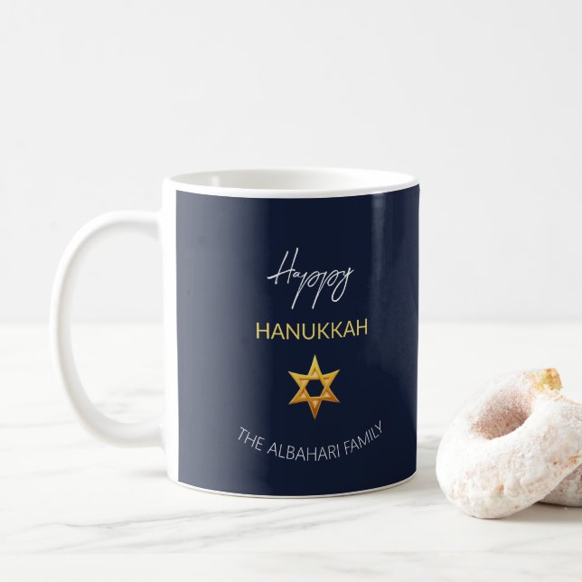Elegant Happy Hanukkah Golden David Star Coffee Mug (With Donut)