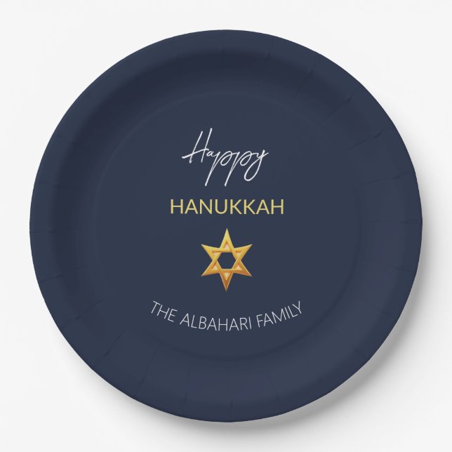 Elegant Happy Hanukkah Golden David Star Paper Plates (Front)