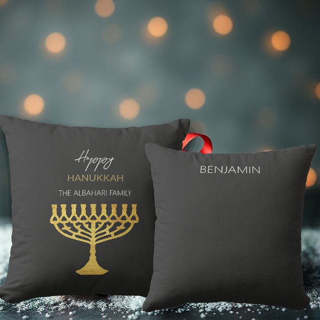 Elegant Happy Hanukkah Golden Menorah Throw Pillow (Creator Uploaded)