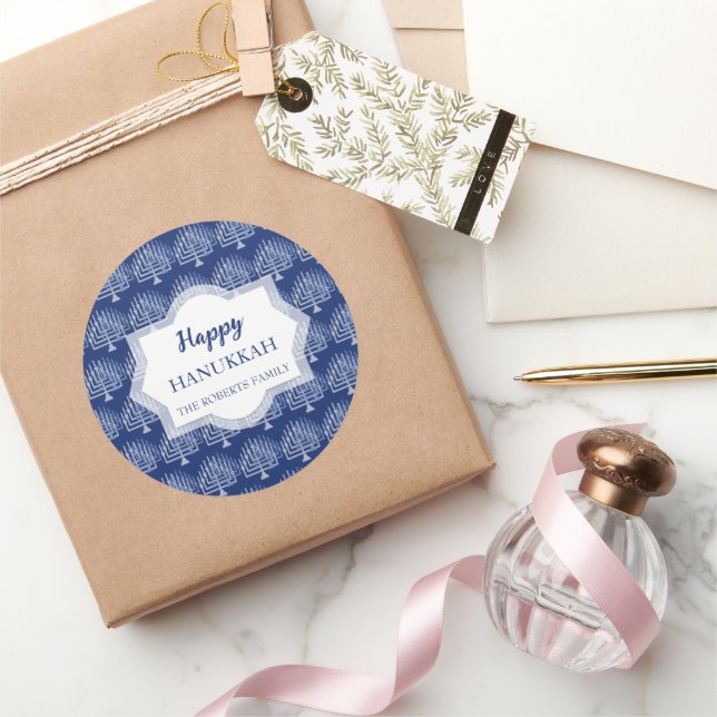 Elegant Happy Hanukkah Menorah Pattern Blue Classic Round Sticker (Gifting)