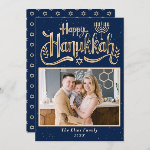 Elegant Happy Hanukkah Navy Blue and Gold Photo Holiday Card