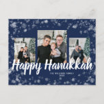 Elegant Happy Hanukkah Postcard<br><div class="desc">Elegant Happy Hanukkah Postcard. This elegant postcard features a festive frame overlay of white snowflakes with white text on a navy blue background with a photo collage of 3 images. The back includes a 4th photo and additional text for personalizing.</div>