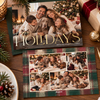 Elegant Happy Holidays 5 Photo Plaid Tartan Foil Holiday Card