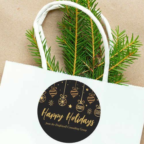 Elegant Happy Holidays Black Gold Custom Business  Classic Round Sticker