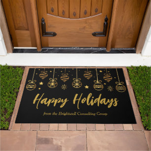 Elegant Happy Holidays Black Gold Custom Business Doormat