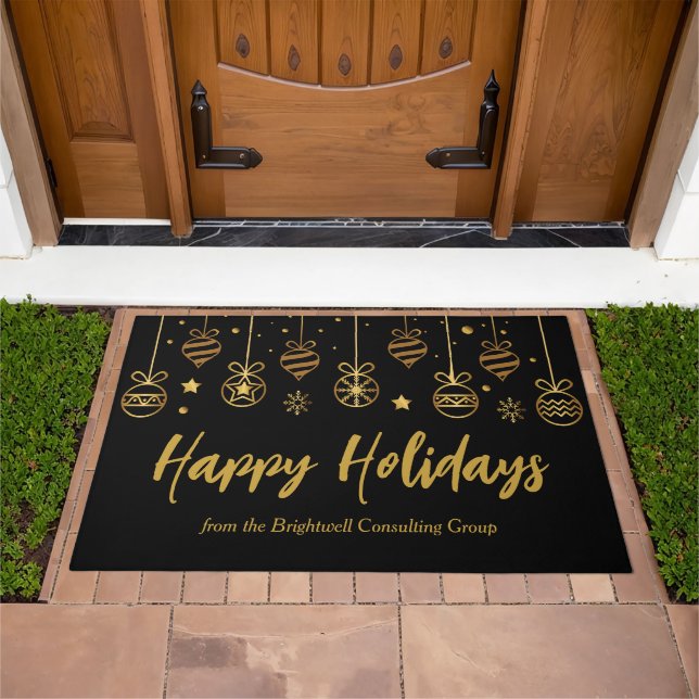 Elegant Happy Holidays Black Gold Custom Business Doormat (Outdoor)