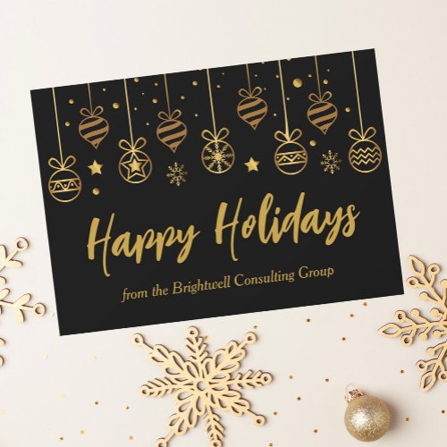 Elegant Happy Holidays Black Gold Custom Business Holiday Card