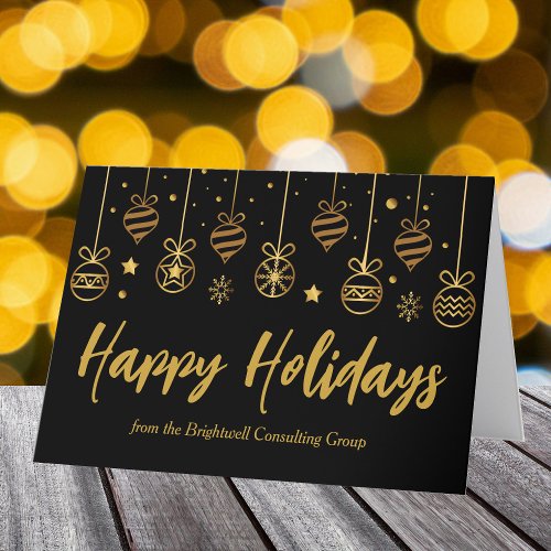 Elegant Happy Holidays Black Gold Custom Business Holiday Card