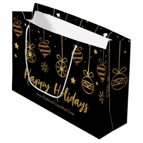 Elegant Happy Holidays Black Gold Custom Business Large Gift Bag