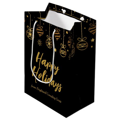 Elegant Happy Holidays Black Gold Custom Business Medium Gift Bag