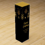Elegant Happy Holidays Black Gold Custom Business Wine Box<br><div class="desc">Customize your chic corporate holiday gifts with this elegant gold cursive script underneath an graphic of Christmas ornaments. The elegant typography on modern black wine box adds a classy touch to custom business Christmas presents. Personalize this gift with your company name.</div>