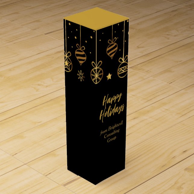 Elegant Happy Holidays Black Gold Custom Business Wine Box (Front)