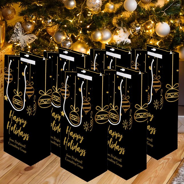 Elegant Happy Holidays Black Gold Custom Business Wine Gift Bag (Creator Uploaded)