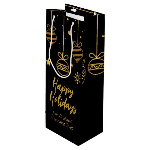 Elegant Happy Holidays Black Gold Custom Business Wine Gift Bag