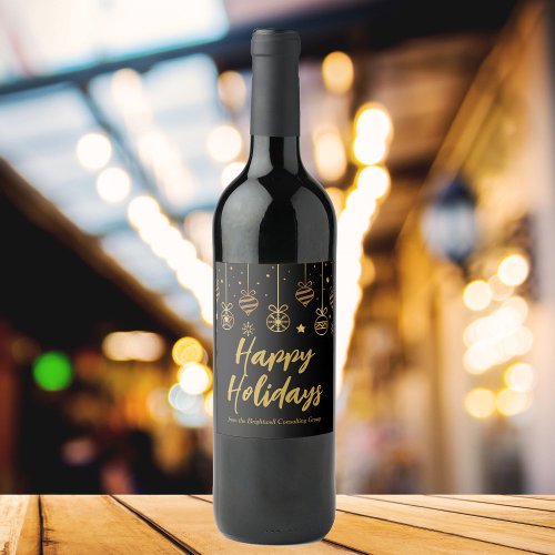 Elegant Happy Holidays Black Gold Custom Business Wine Label