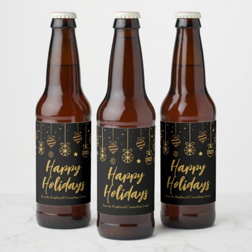 Elegant Happy Holidays Black Gold Custom Party Beer Bottle Label