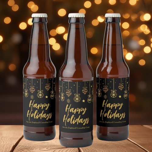 Elegant Happy Holidays Black Gold Custom Party Beer Bottle Label