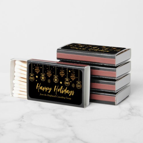 Elegant Happy Holidays Black Gold Custom Party Matchboxes