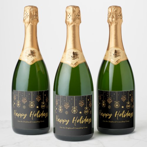Elegant Happy Holidays Black Gold Custom Party Sparkling Wine Label