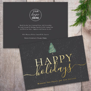 Elegant Happy Holidays Business Logo Gray & Gold Foil Holiday Card