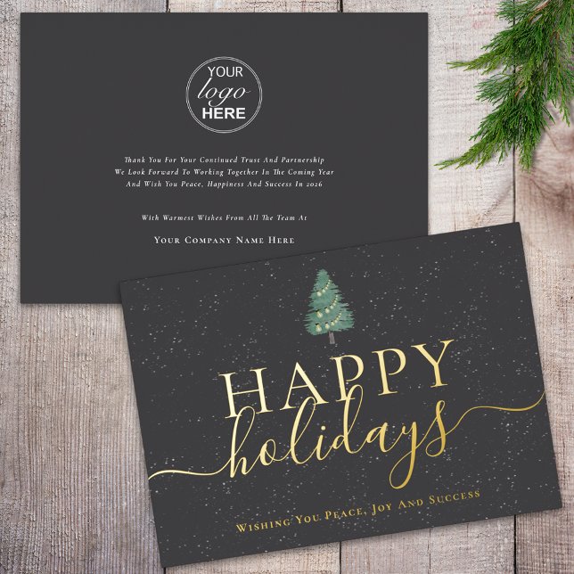 Elegant Happy Holidays Business Logo Gray & Gold Foil Holiday Card (Elegant script modern festive pine tree Happy holidays christmas tree business logo gray & gold foil)